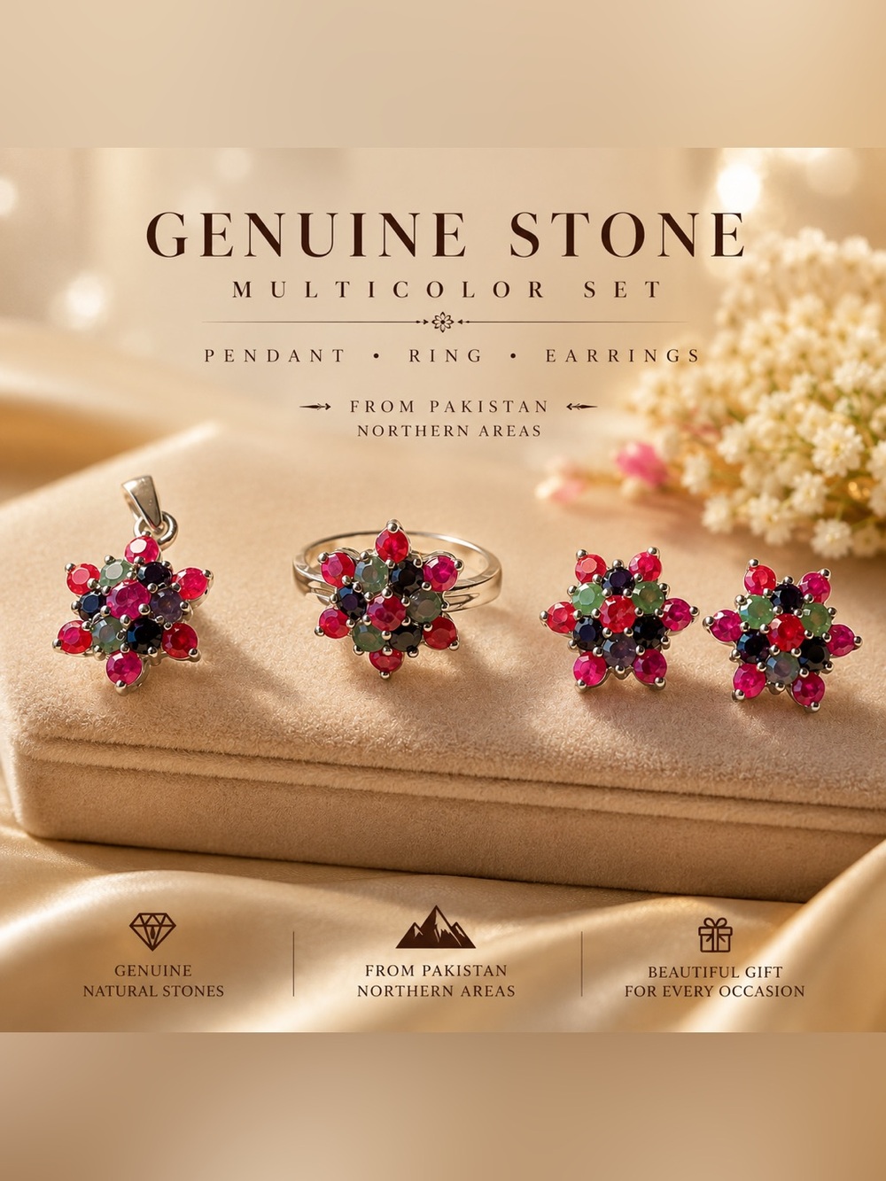 Handcrafted Multicolor Stone Jewelry Set | Ring, Pendant & Earrings